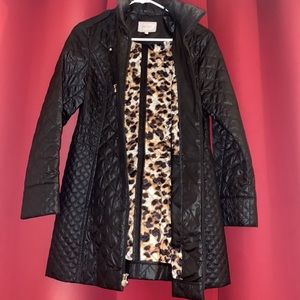 Juniors-Black mid length zipper up- light weight jacket with leopard lining.